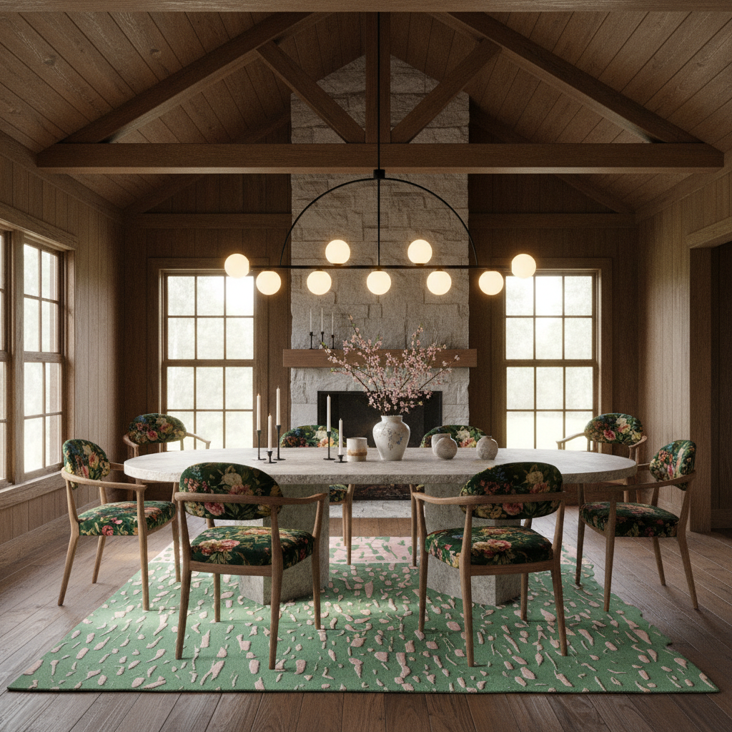 A styled dining room interior with a round white dining table, floral green upholstered chairs, a green patterned area rug, and a large black chandelier in a rustic wood-paneled room with a stone fireplace.