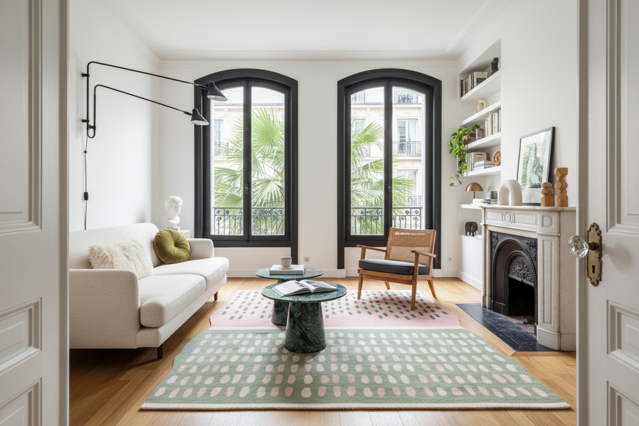 Living room with white sofa, green pink rug, and large windows.