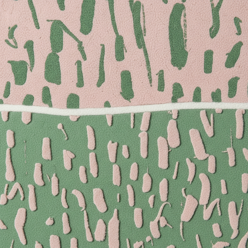 A close-up of a textured fabric or wallpaper pattern with a horizontal white dividing line. The top section is light pink with dark green abstract brushstroke shapes, and the bottom section is dark green with light pink abstract brushstroke shapes.