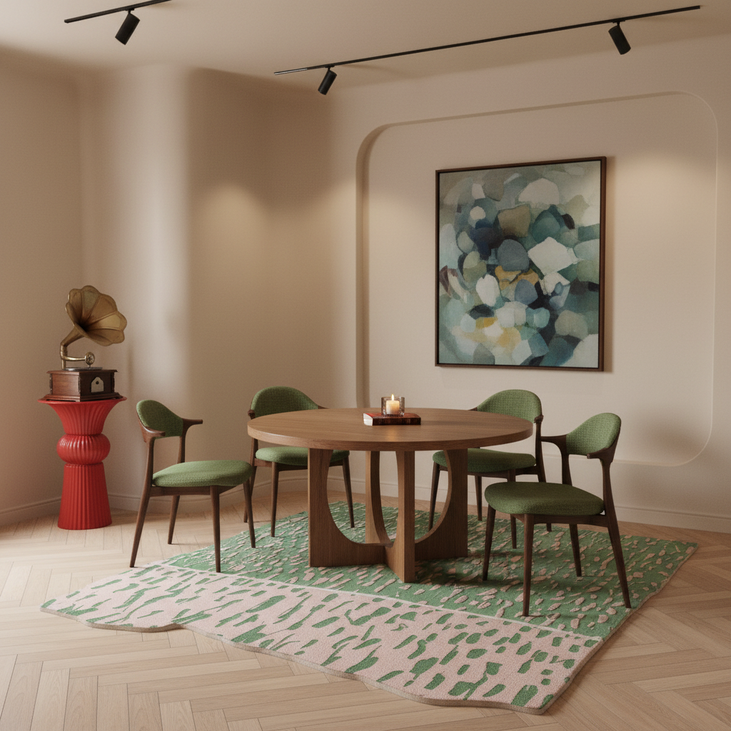 A styled dining room scene featuring a round wooden dining table with four green upholstered chairs, set on a patterned rug in a warm beige room with a red pedestal and abstract wall art.