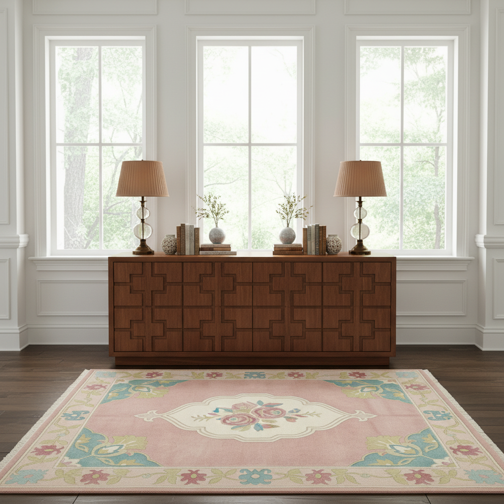 A pink area rug with a floral medallion and multicolor floral border is displayed on a dark wood floor in front of a brown wooden credenza, with two matching table lamps and decorative vases on top, set against a white paneled wall with three windows.