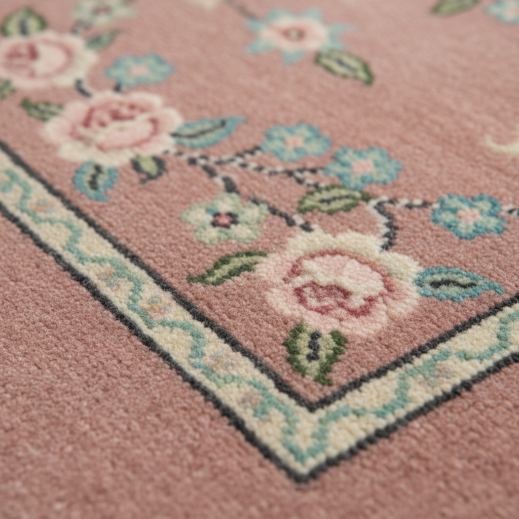 Close-up of a dusty pink area rug with a floral pattern and a decorative border in cream, light blue, and green.