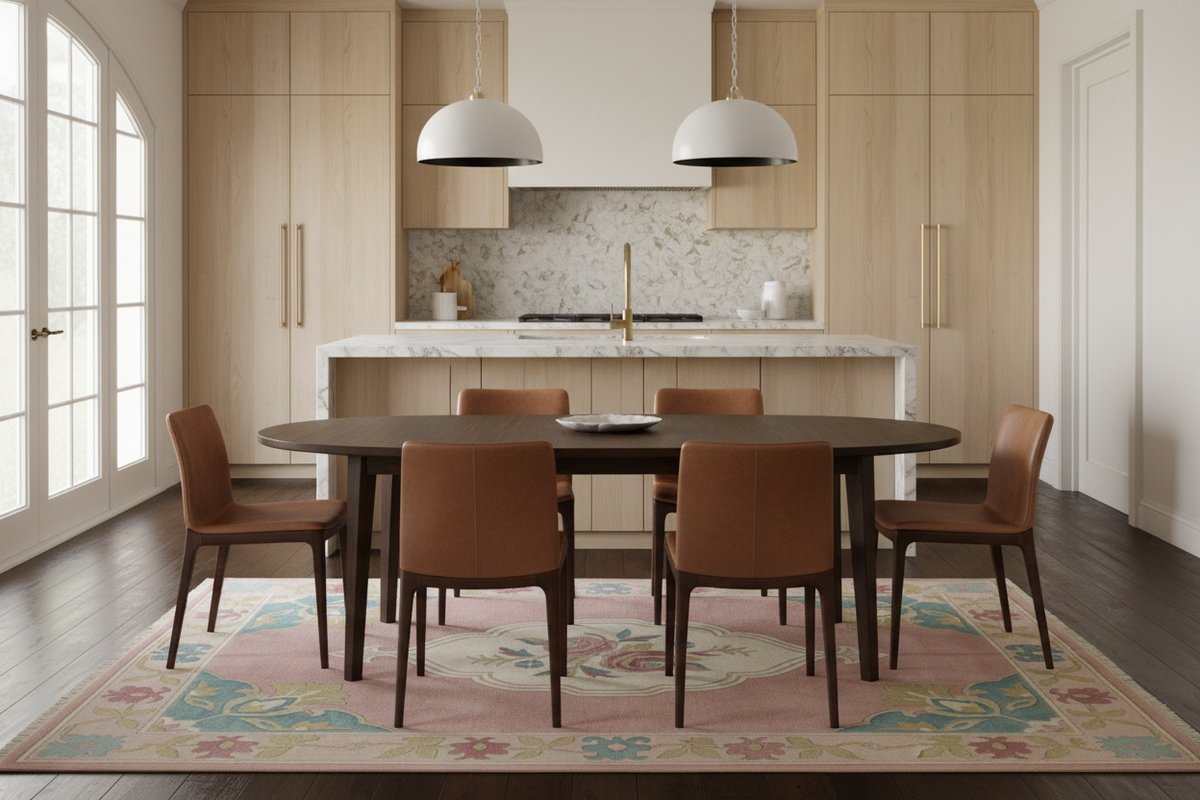 Dining area with a pink chinoiserie floral rug, round table and chairs in a modern kitchen.