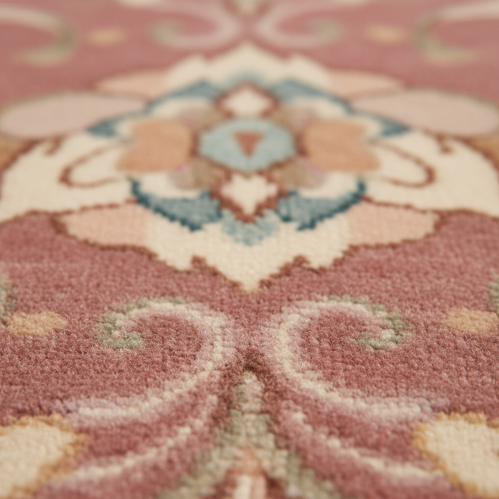 Close-up of a plush area rug with a traditional floral and scroll pattern in dusty pink, cream, light blue, and soft peach tones.