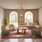 A beautifully styled bohemian living room featuring a large floral patterned area rug, a built-in wooden bench with cream cushions, two gradient armchairs, and tall arched windows looking out onto a green garden.