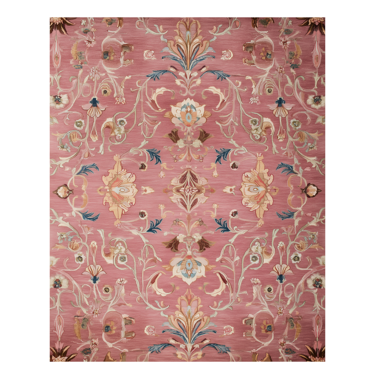 Dusty Rose Damask Sovereign Hand Tufted Wool Rug with an ivory damask floral pattern on a rose pink ground
