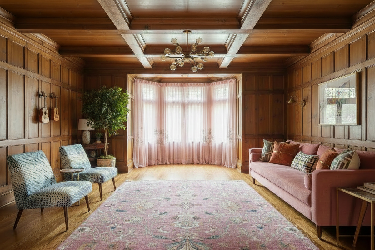 Living room with wooden walls, pink sofa, and decorative rug.