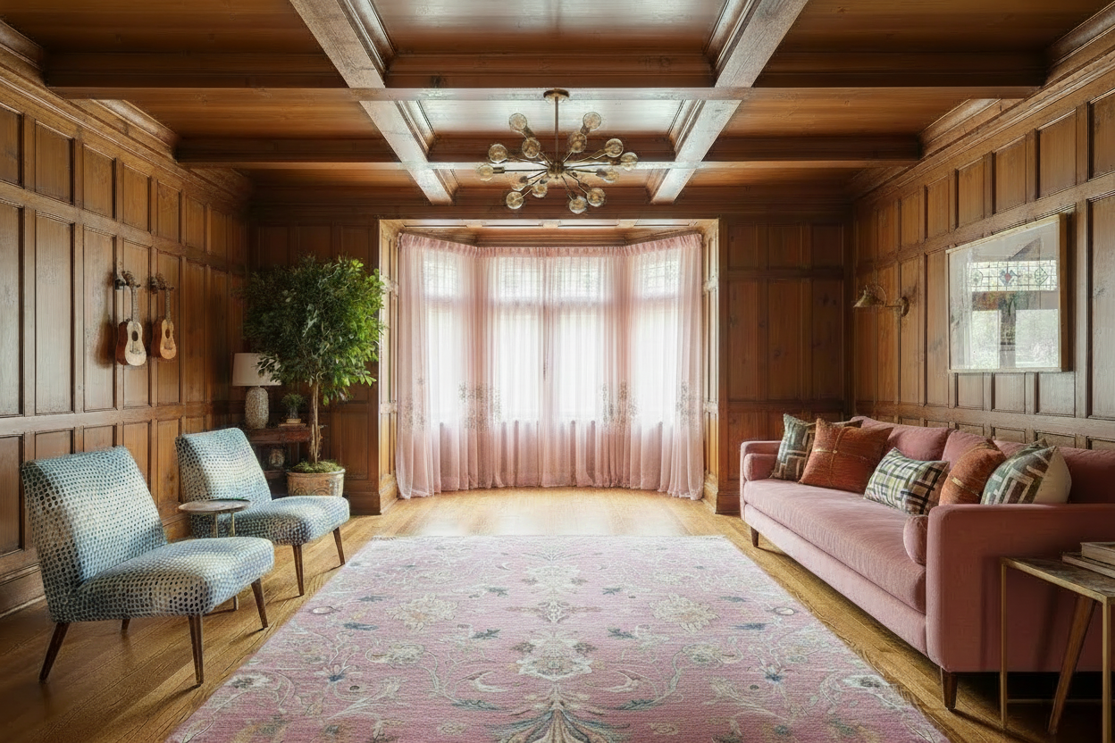 Living room with wooden walls, pink sofa, and decorative rug.