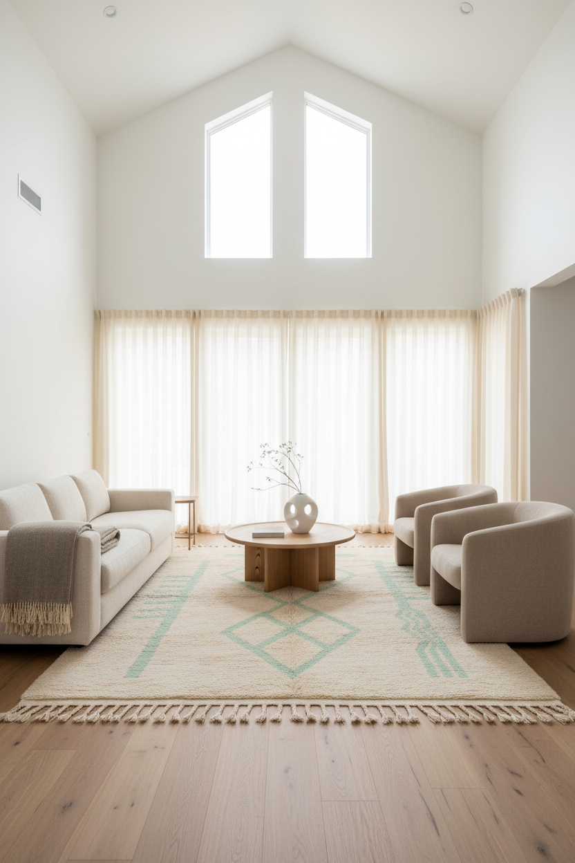 A bright, modern living room with a high vaulted ceiling, tall windows, sheer curtains, light wood floors, a cream sofa, two beige armchairs, a round wooden coffee table, and a large cream area rug with a mint green geometric pattern and fringe.