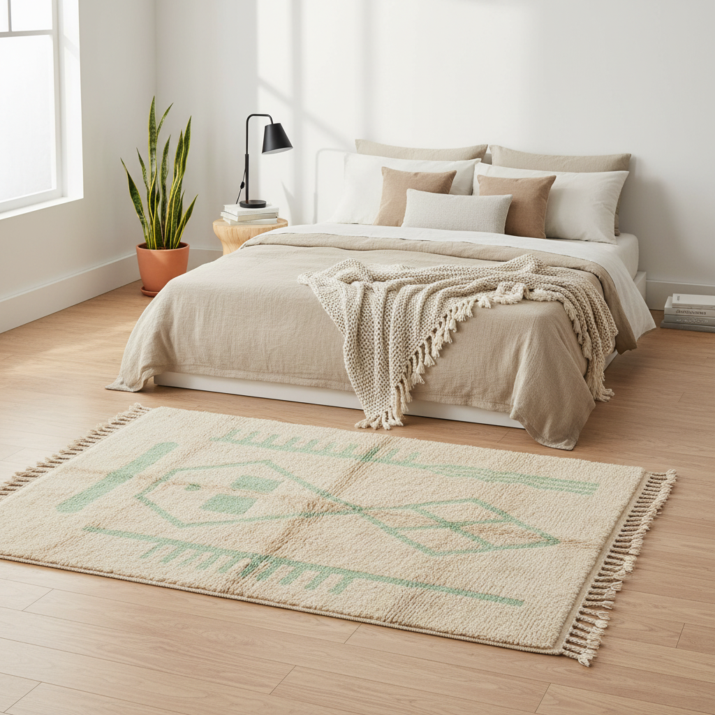 A woven area rug with a geometric pattern in sage green on a cream base, styled on a light wood floor in front of a bed in a bright, modern bedroom.
