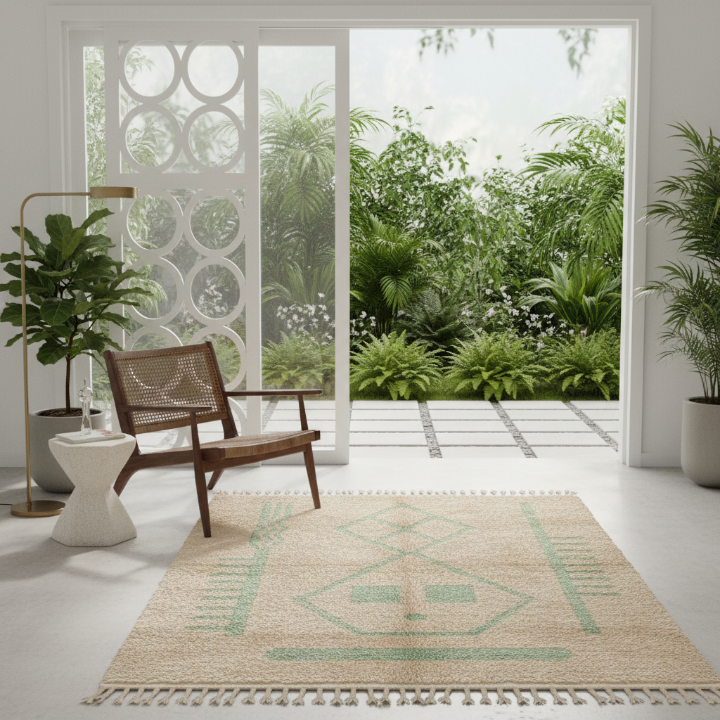 A rectangular woven area rug with a geometric tribal pattern in sage green on a beige base, styled in a bright modern room with a wooden chair, potted plants, and a view of a lush green outdoor patio.
