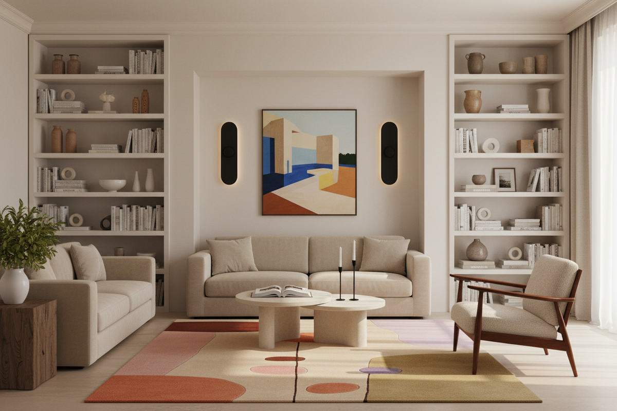 Modern living room with beige sofa, rug, bookshelves, and abstract art