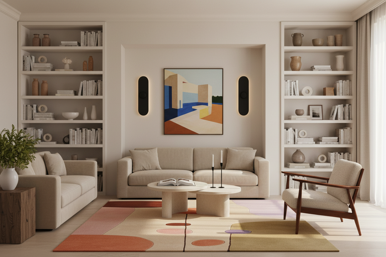 Modern living room with beige sofa, rug, bookshelves, and abstract art