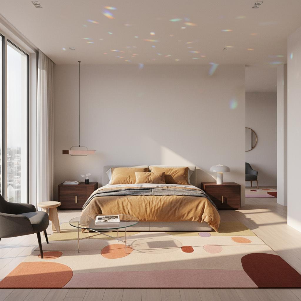 A modern, sunlit bedroom featuring a bed dressed in mustard yellow bedding, flanked by dark wood nightstands. A large area rug with abstract peach, brown, and gray shapes covers the floor, complemented by a matching abstract-patterned throw pillow set on the bed.