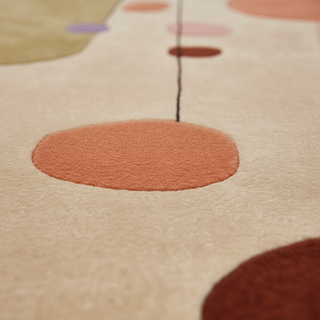 Close-up of a textured area rug with a cream base and abstract circular motifs in terracotta, rust, peach, pink, and olive green.