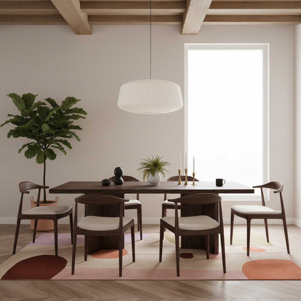 A modern dining room scene with a dark wood rectangular table, six matching chairs with cream upholstered seats, a large white pendant light, a tall green plant, and a bright window in a minimalist interior.
