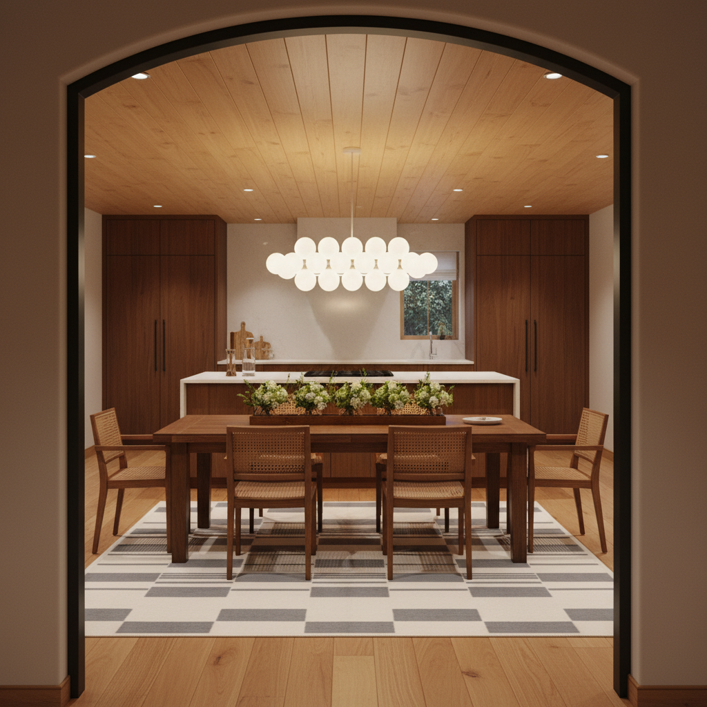 A modern dining room and kitchen interior viewed through a black-framed archway. The dining area features a wooden dining table and four woven-back chairs on a black-and-white checkered rug, with a glowing bubble chandelier above. The kitchen has dark wood cabinets, a white countertop, and a light wood ceiling.