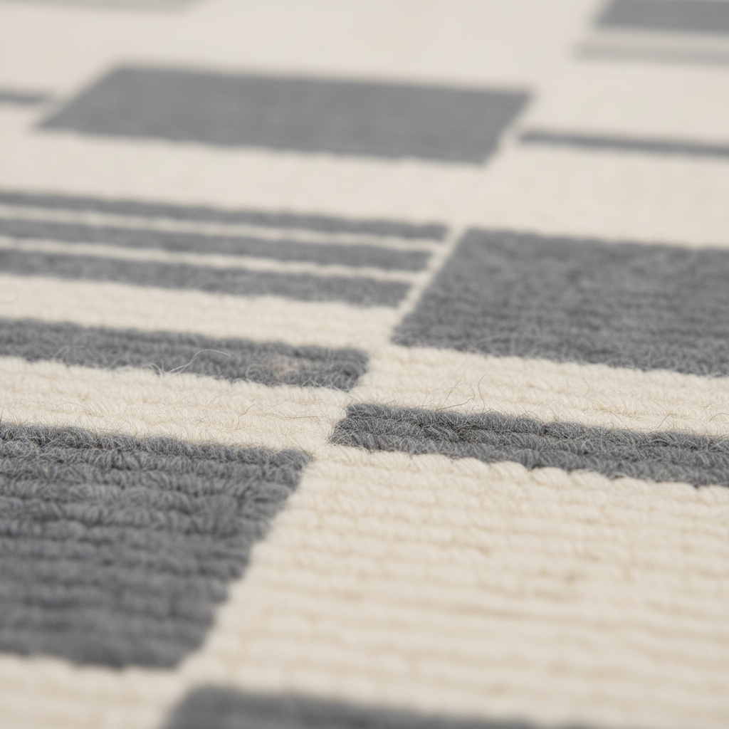 Close-up of a plush area rug with a geometric pattern of gray blocks and stripes on an off-white background.