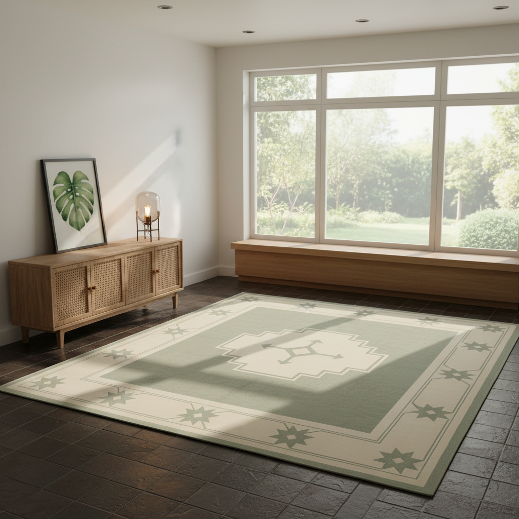 A large rectangular area rug with a sage green and cream geometric medallion pattern and star motifs, styled in a modern room with a wooden sideboard, window, and tiled floor.
