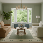 A beautifully styled living room featuring a large beige sofa on the left, a textured cream sofa on the right, a round wooden coffee table, a green area rug, and a large potted fiddle-leaf fig plant in front of a bay window.
