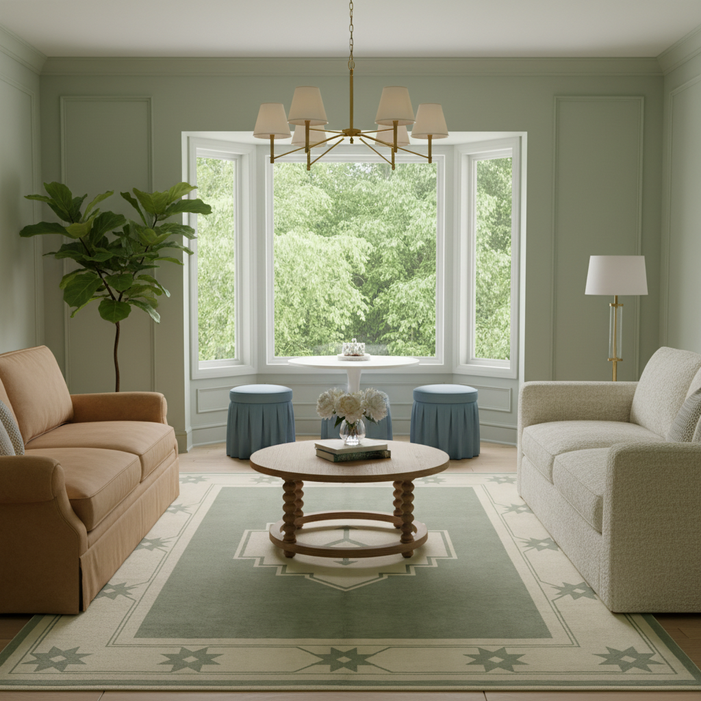 A beautifully styled living room featuring a large beige sofa on the left, a textured cream sofa on the right, a round wooden coffee table, a green area rug, and a large potted fiddle-leaf fig plant in front of a bay window.