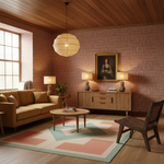 A warm, retro-styled living room featuring pink geometric wallpaper, a mustard yellow sofa, a round wooden coffee table, a patterned rug, and a dark woven accent chair under a paper lantern pendant light.