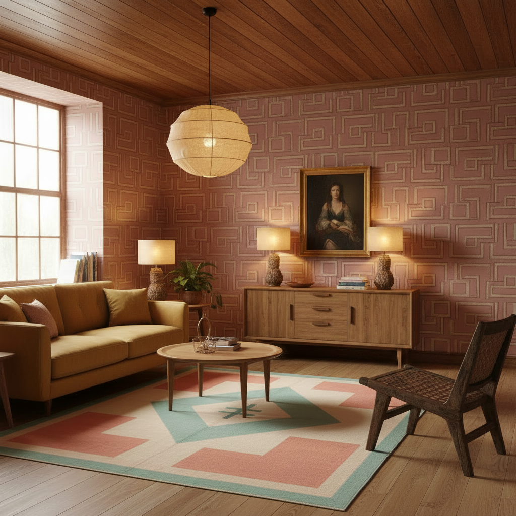 A warm, retro-styled living room featuring pink geometric wallpaper, a mustard yellow sofa, a round wooden coffee table, a patterned rug, and a dark woven accent chair under a paper lantern pendant light.