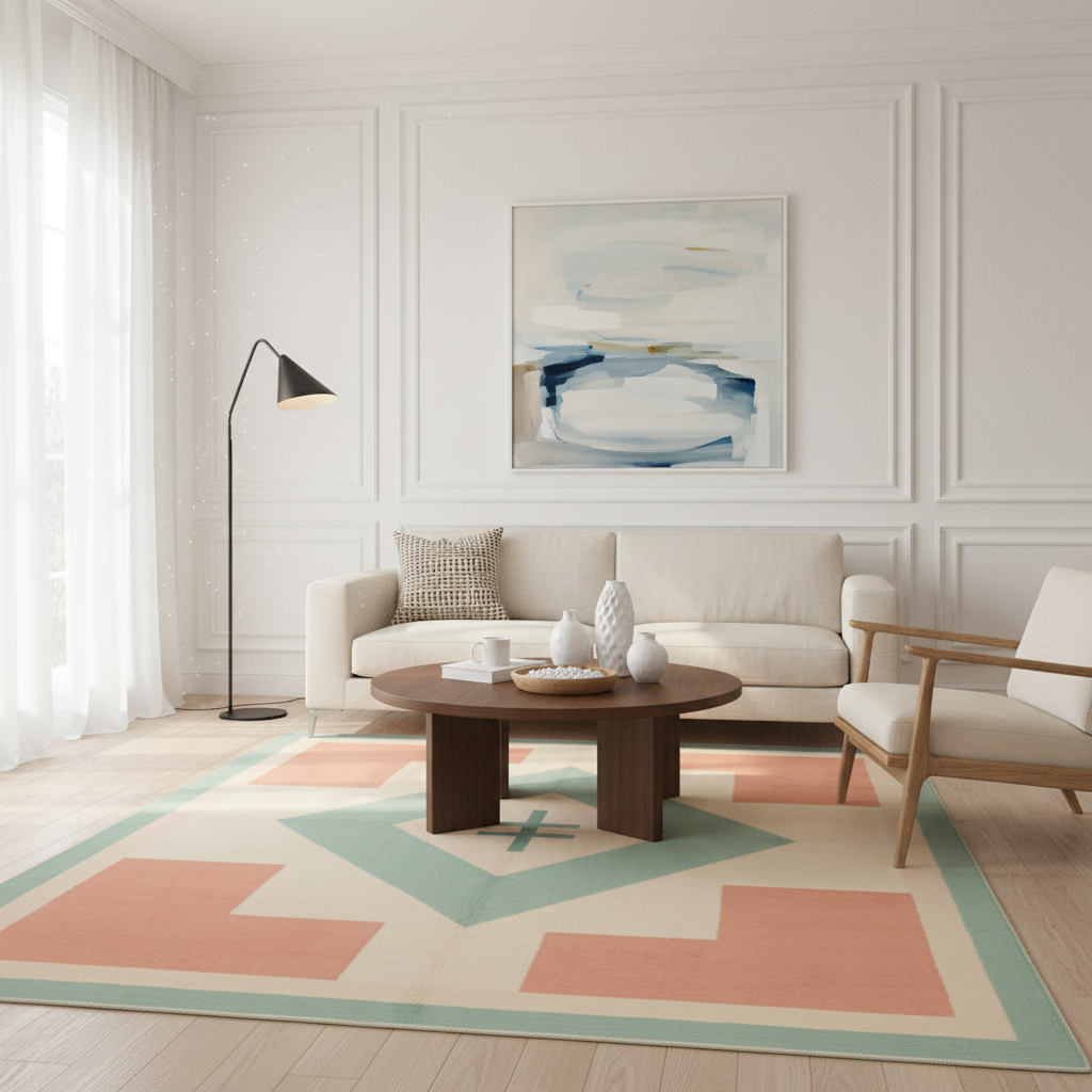 A styled living room interior featuring a large geometric area rug in beige, teal, and coral, a cream sofa, a round wooden coffee table, a black floor lamp, and a white armchair. A framed abstract painting hangs on the white paneled wall above the sofa.