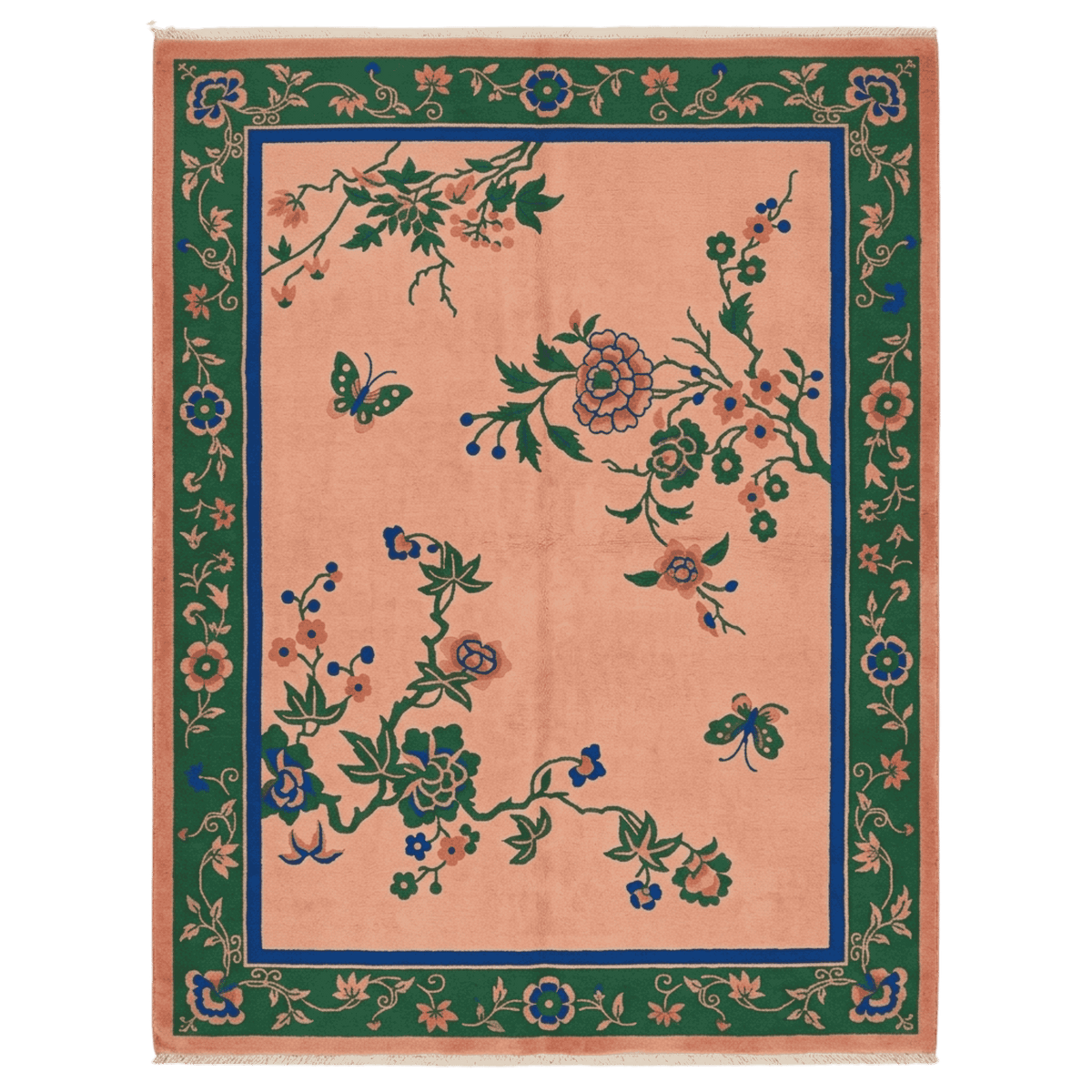 Decorative rug with floral and butterfly patterns on a green border