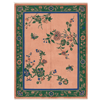 Decorative rug with floral and butterfly patterns on a green border