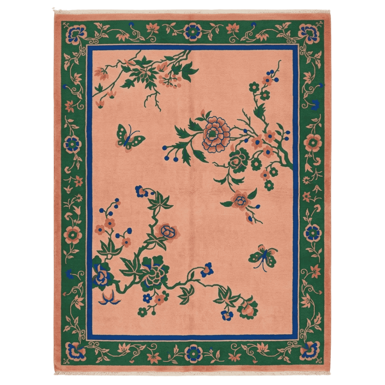 Decorative rug with floral and butterfly patterns on a green border