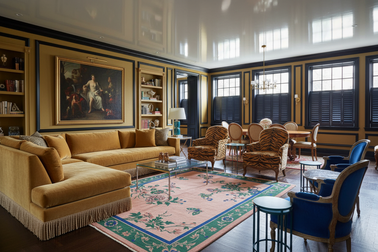 Luxurious living room with gold sofa, wicker chairs, and decorative rug.