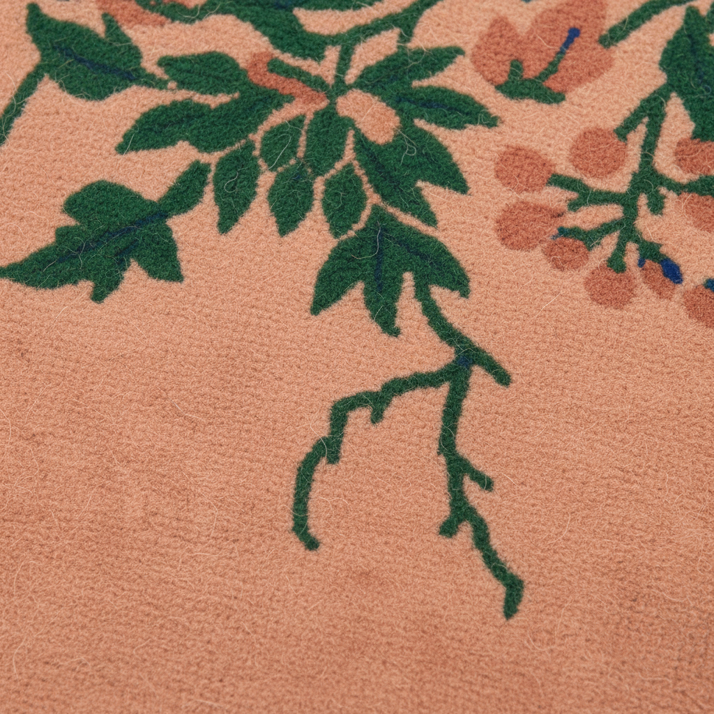 Close-up of a textured peach-pink fabric with a raised floral pattern in dark green leaves and muted coral-pink blossoms.