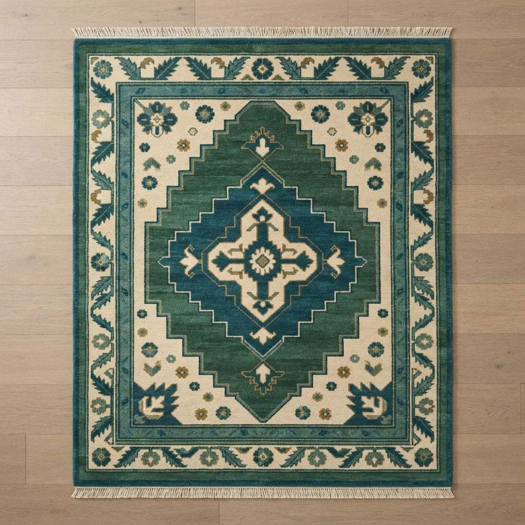Emerald Anatolian Crest Hand Knotted Rug - studio photo