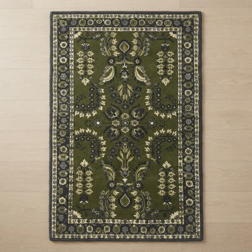 Emerald Peacock Parterre Hand Tufted Wool Rug - studio photo