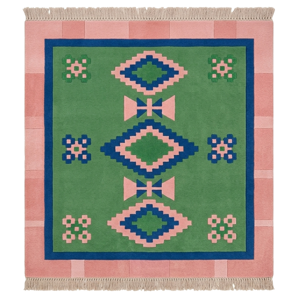 Emerald Blush Aztec Diamond Square Knotted Rug