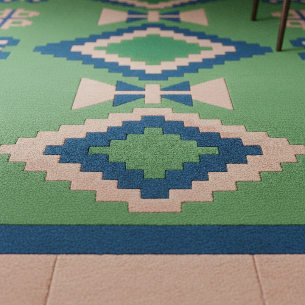 A close-up of a textured area rug with a geometric pixelated pattern in green, blue, and cream, shown on a tiled floor with a chair leg visible in the upper right.