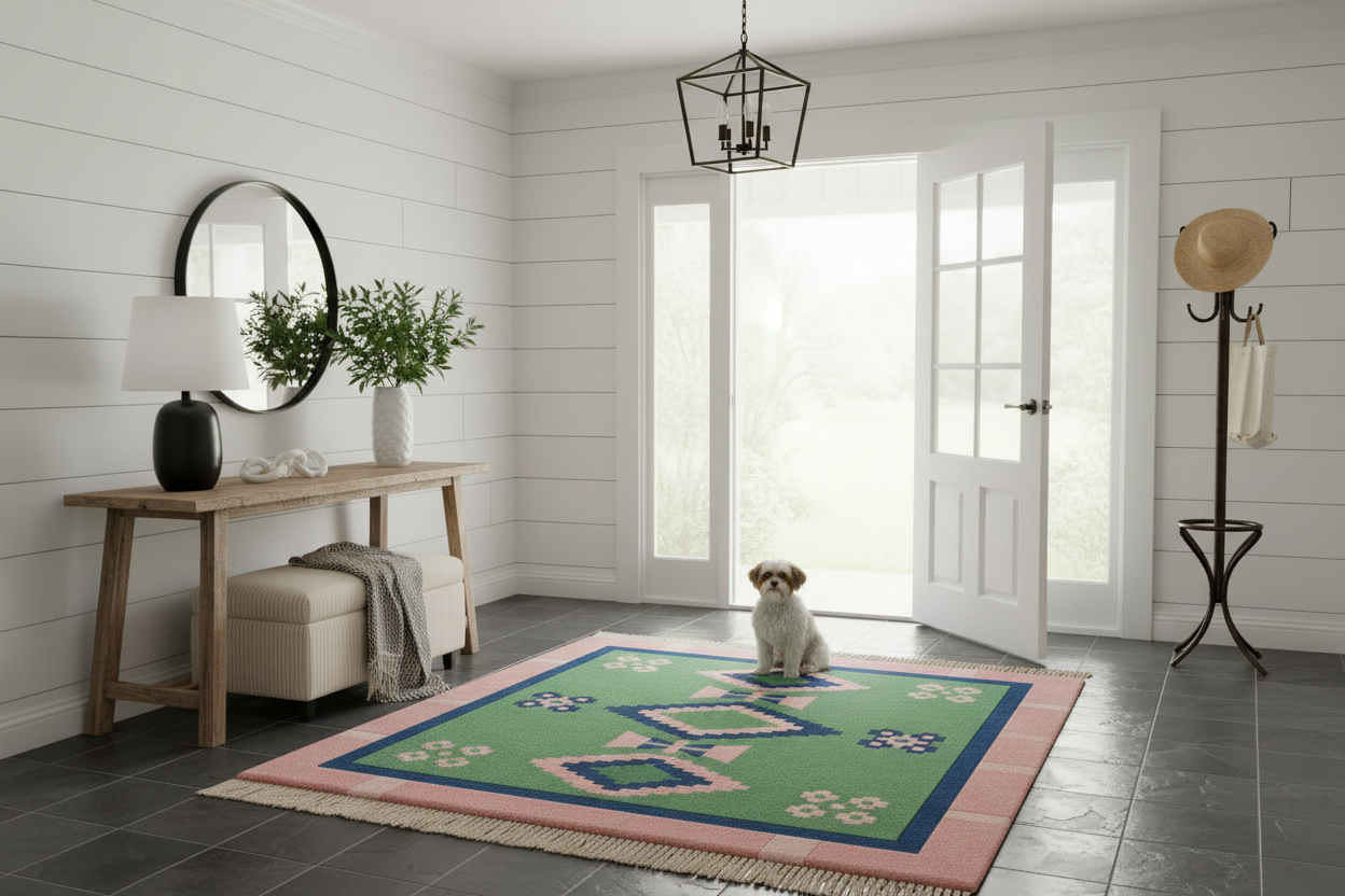 Dog sitting on a colorful rug in a room with a wooden table, mirror, and door.