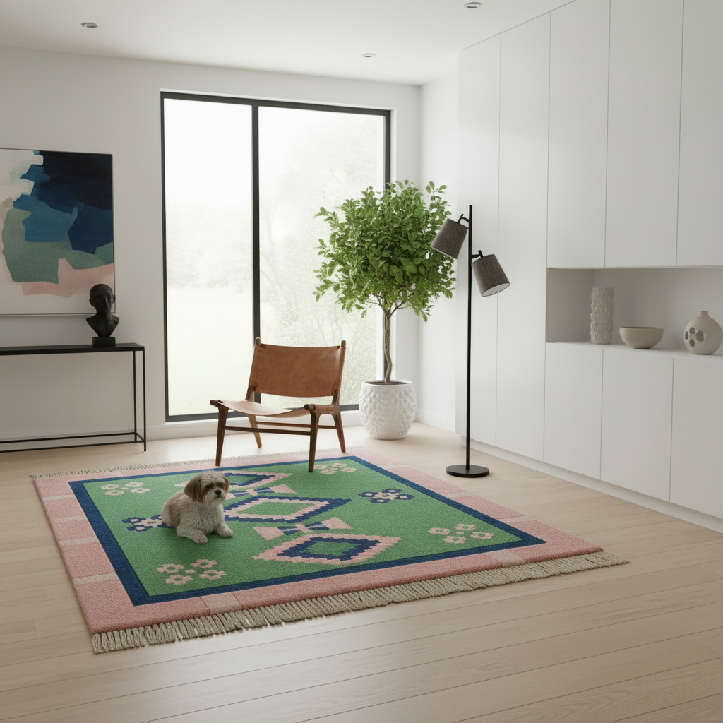 A small dog sits on a colorful geometric area rug in a bright, modern living room with light wood floors, a black floor lamp, a wooden chair, and a large window.