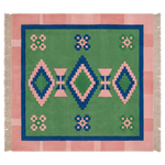 A square woven throw blanket with a Southwestern geometric pattern, featuring a green center, blue and pink diamond motifs, and a pink and blue border with cream fringe on the sides.
