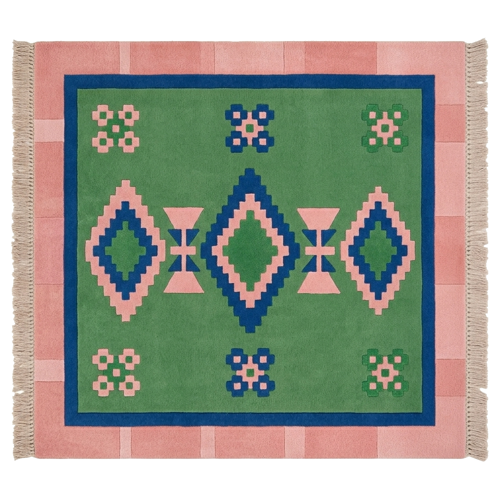 A square woven throw blanket with a Southwestern geometric pattern, featuring a green center, blue and pink diamond motifs, and a pink and blue border with cream fringe on the sides.