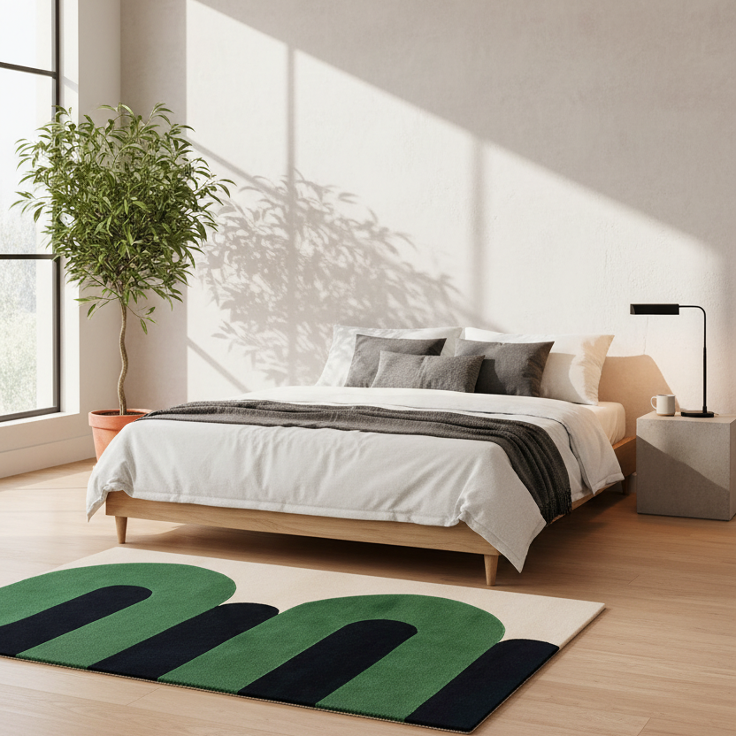 Modern bedroom with a bed, contemporary green rug, and large windows.