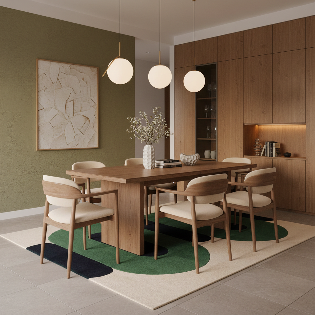 A modern dining room scene featuring a rectangular wooden dining table surrounded by six matching wooden chairs with cream upholstered seats. The table and chairs are arranged on a large cream area rug with abstract green and navy shapes.