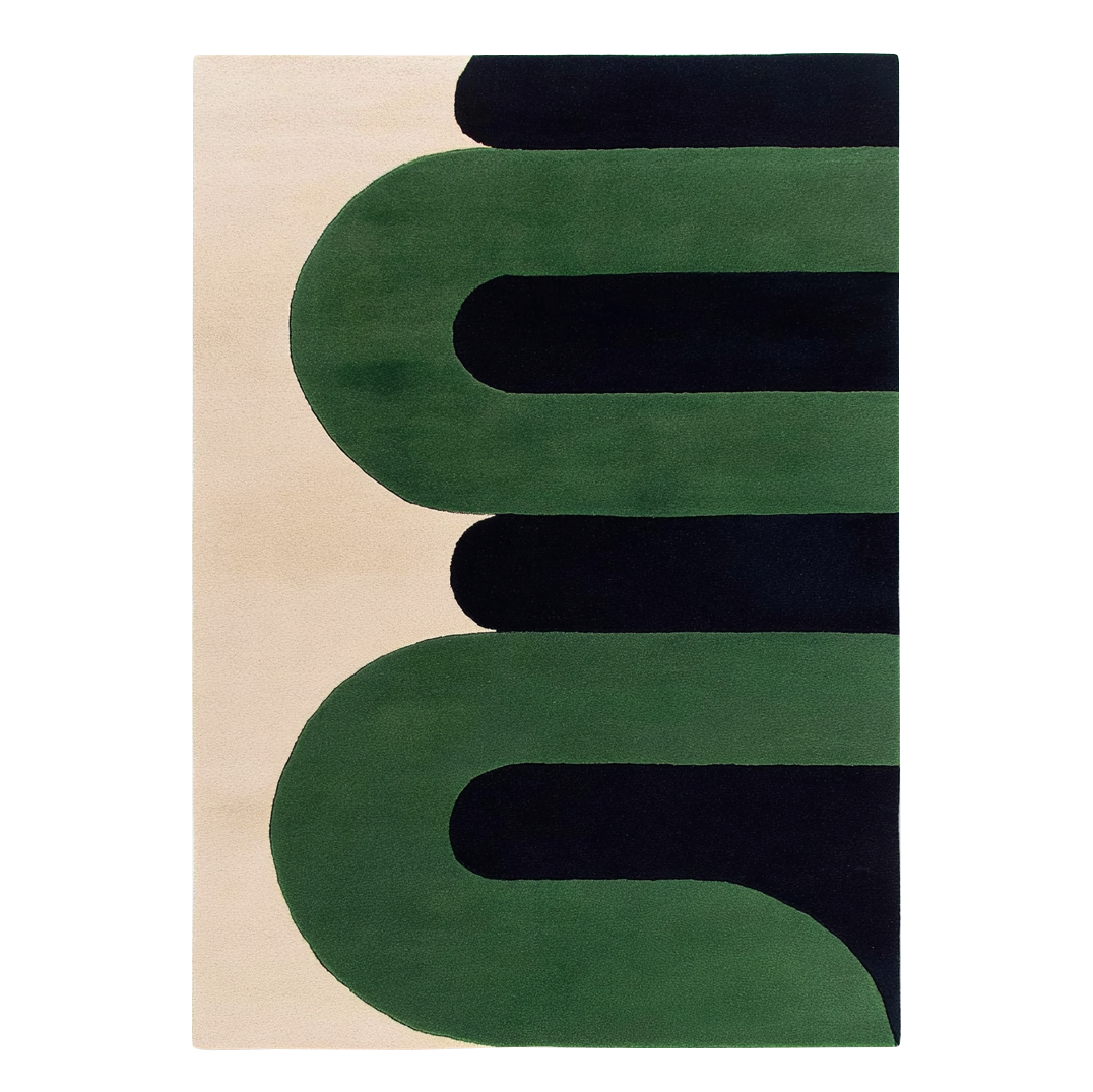 Emerald Current hand-tufted wool rug swatch featuring a repeating green wave pattern on cream