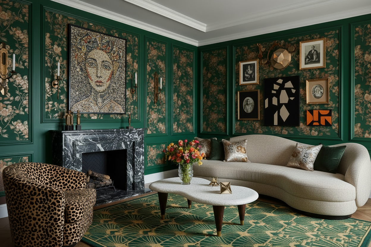 Luxurious living room with green walls, art deco rug, a fireplace, and decorative elements.