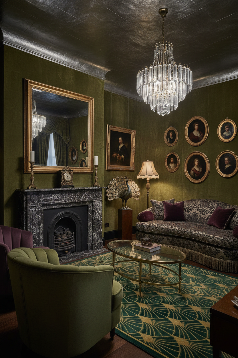Luxurious living room with green art deco rug, green walls, a chandelier, and classical decor.