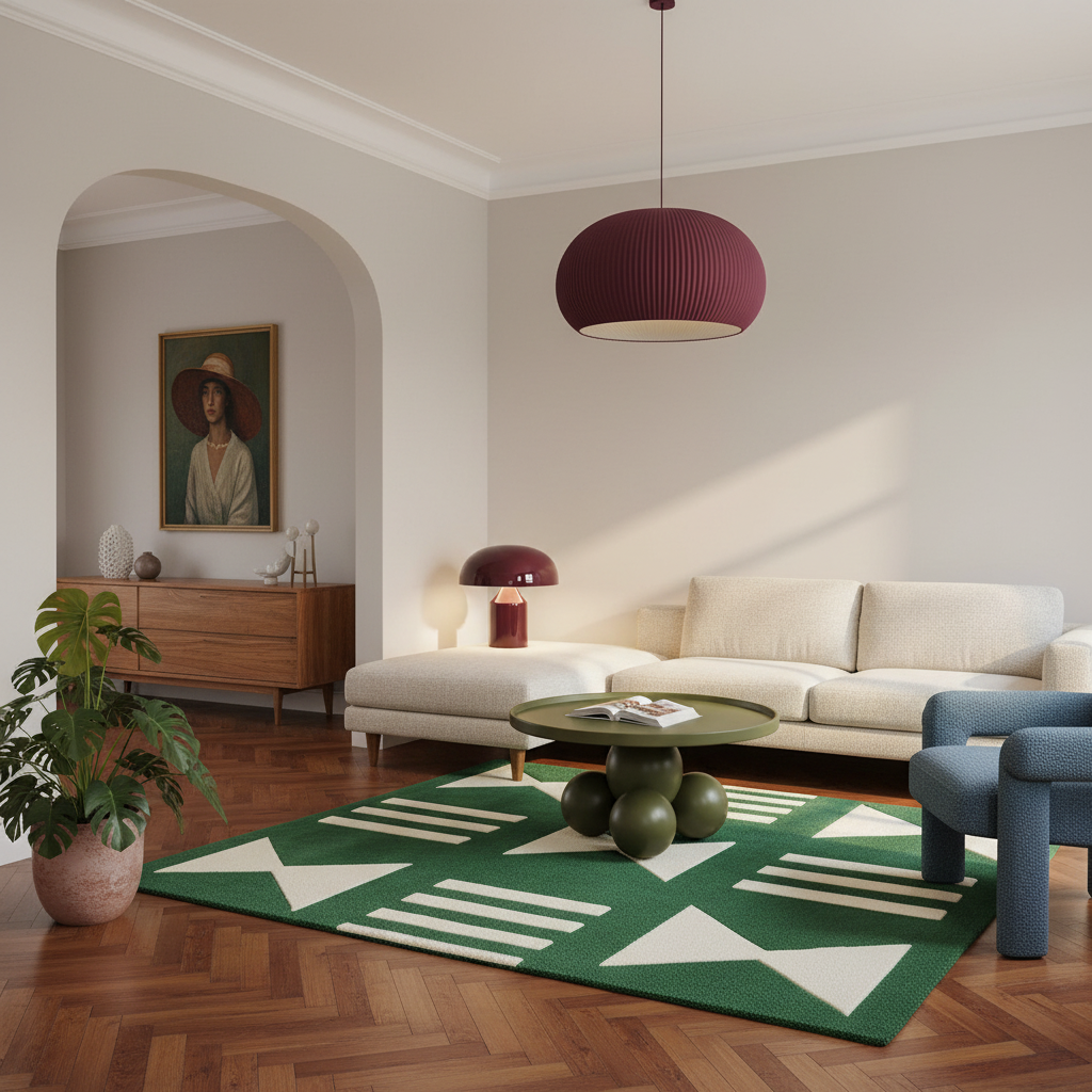 A styled living room interior featuring a green and white geometric patterned area rug on a herringbone wood floor, a cream sectional sofa, a green round coffee table, and a burgundy ribbed pendant light hanging from the ceiling.