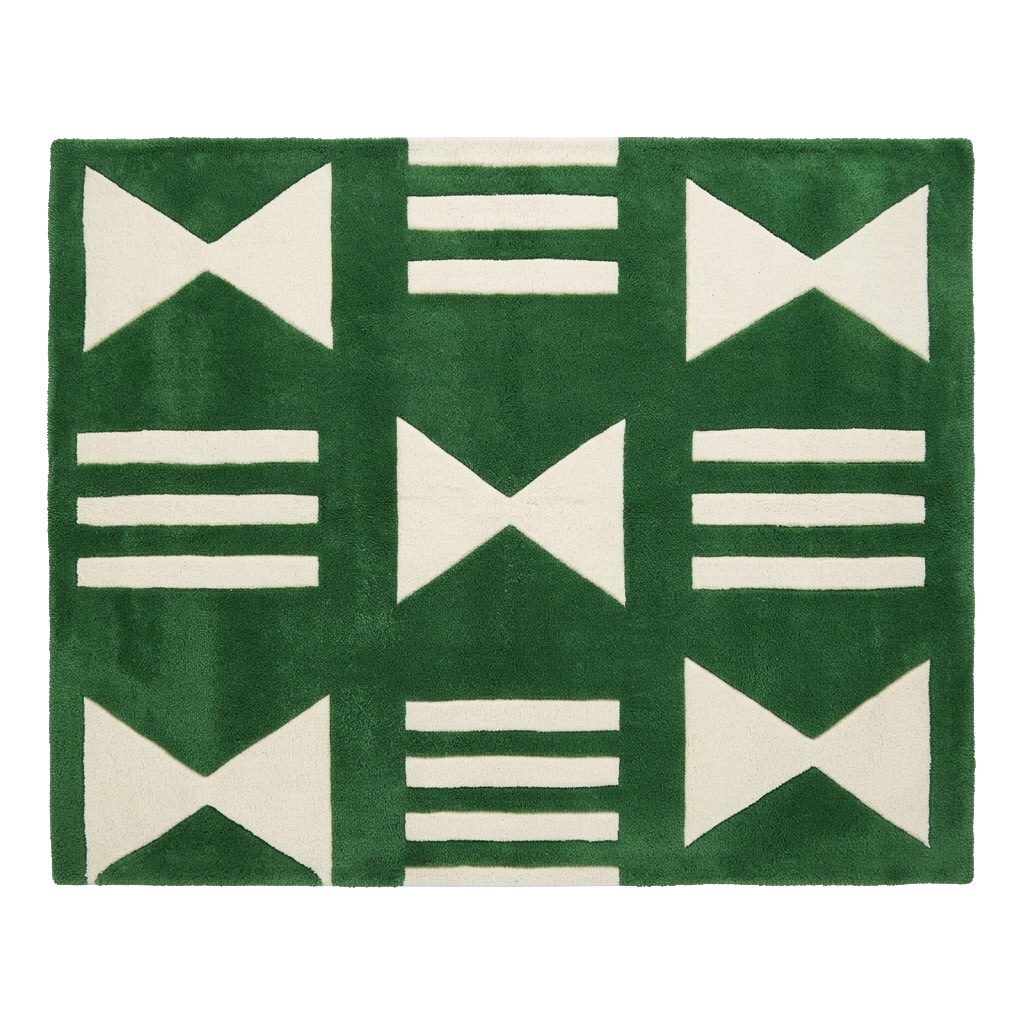 A square green rug with a cream geometric pattern of bows, stripes, and triangles, shown flat against a white background.