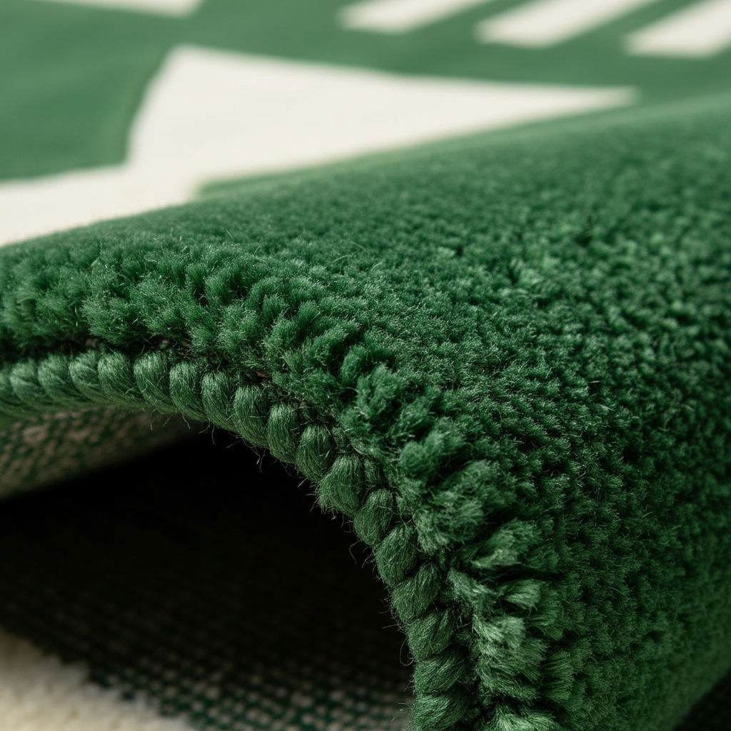Close-up of a dark green textured rug with a raised loop pile border, folded over to show the underside and a portion of a white and green patterned surface underneath.