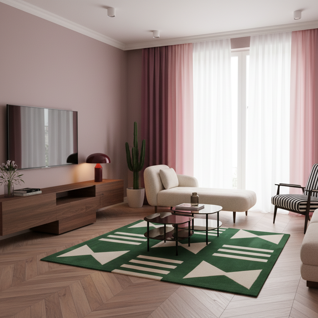 A modern living room with a green and cream geometric area rug on a herringbone wood floor, featuring a cream chaise lounge, a wooden media console with a wall-mounted mirror, and pink and white curtains.